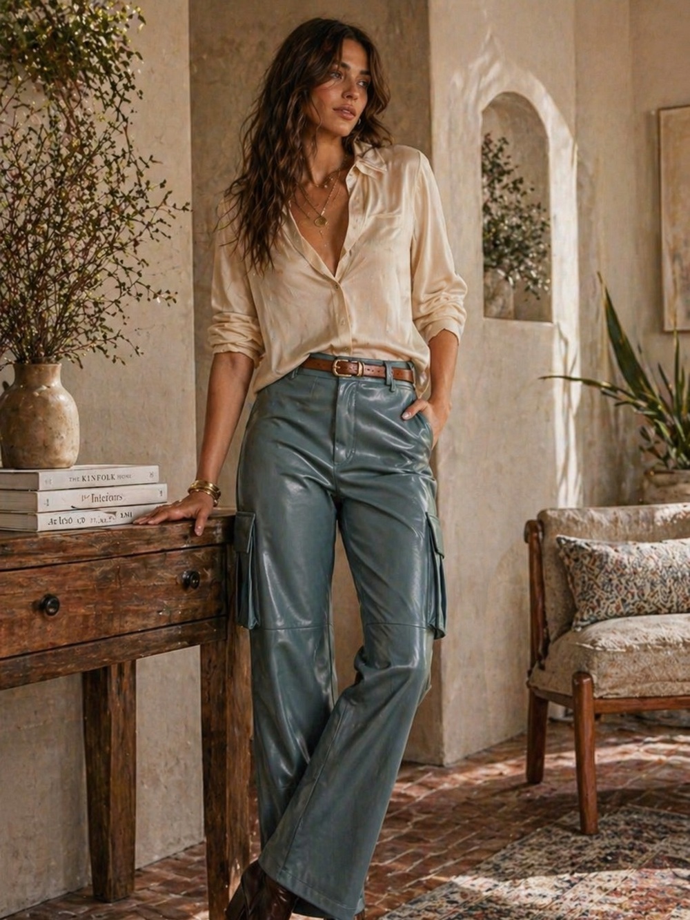 NWT‎ 7 for all mankind FAUX LEATHER Cargo Straight Pants Style 82336 Size SMALL - Picture 3 of 16